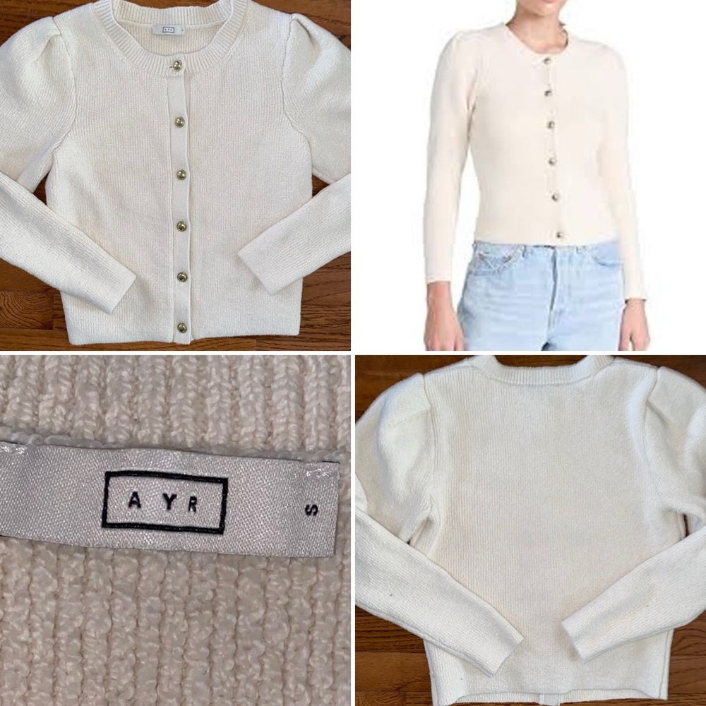 AYR $295 The Uptown Girl Ivory Organic Cardigan Gold Buttons Small EUC